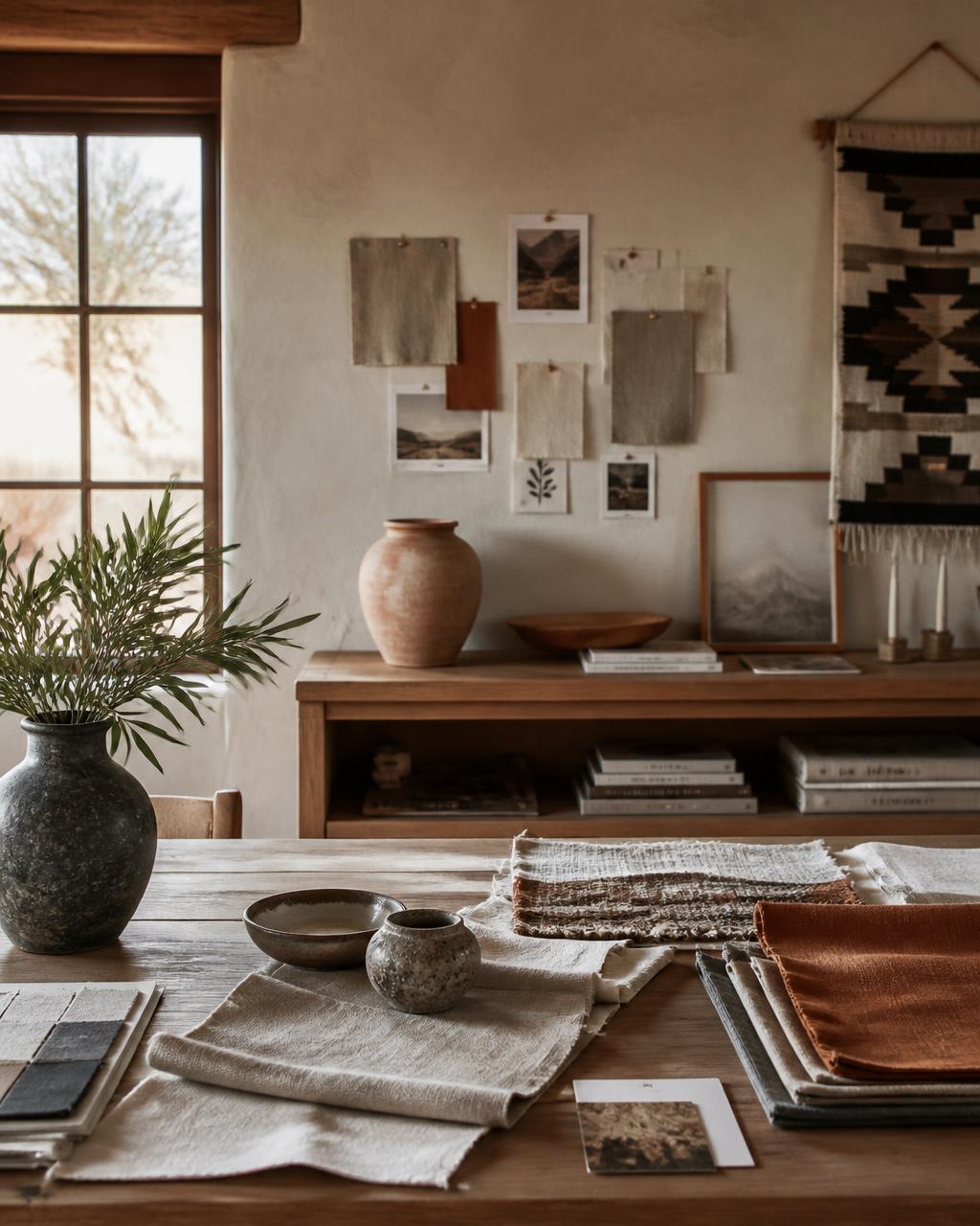 Studio table with linen swatches, ceramics and mood boards in soft window light