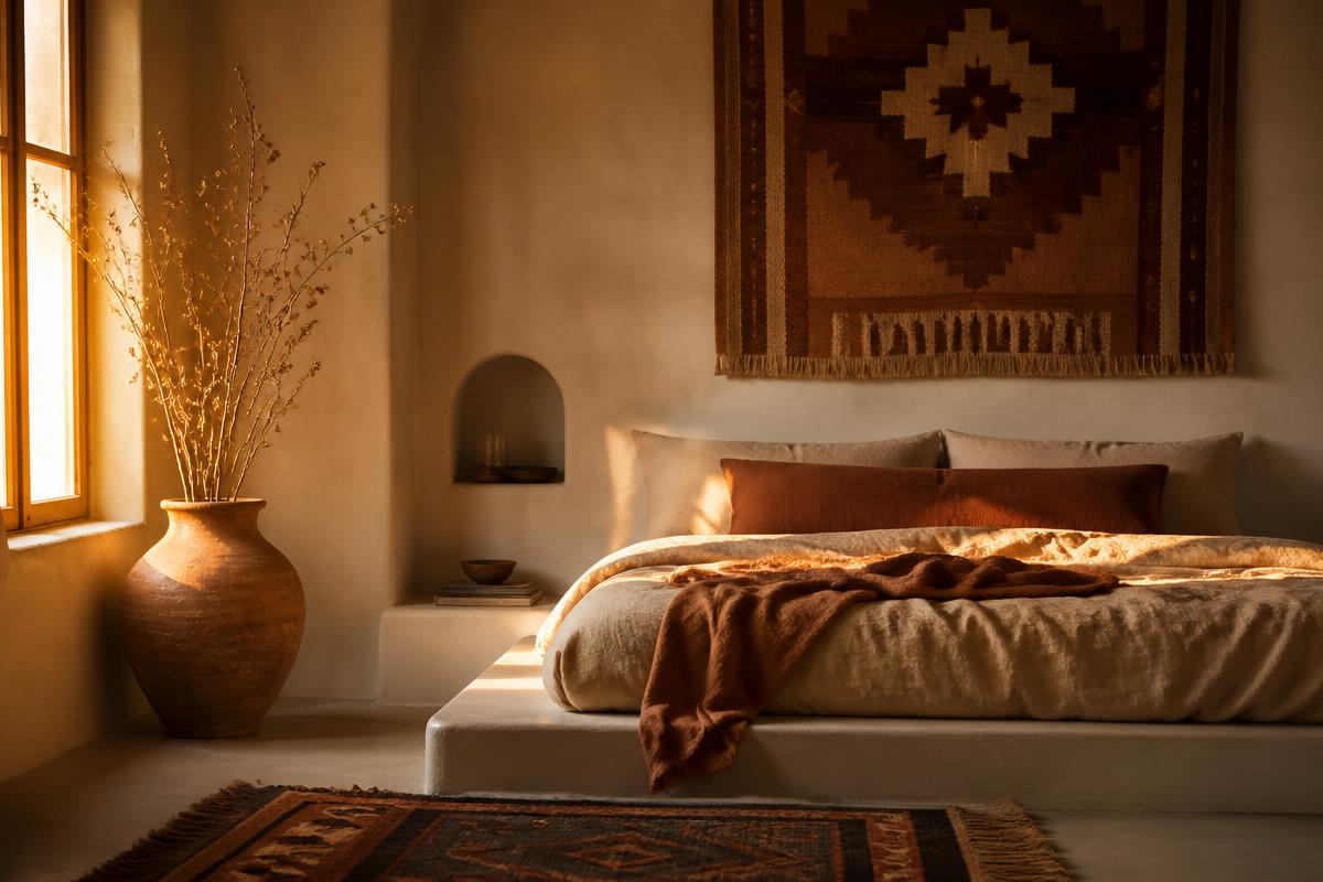 Bedroom with a low platform bed, linen bedding and amber light across adobe walls