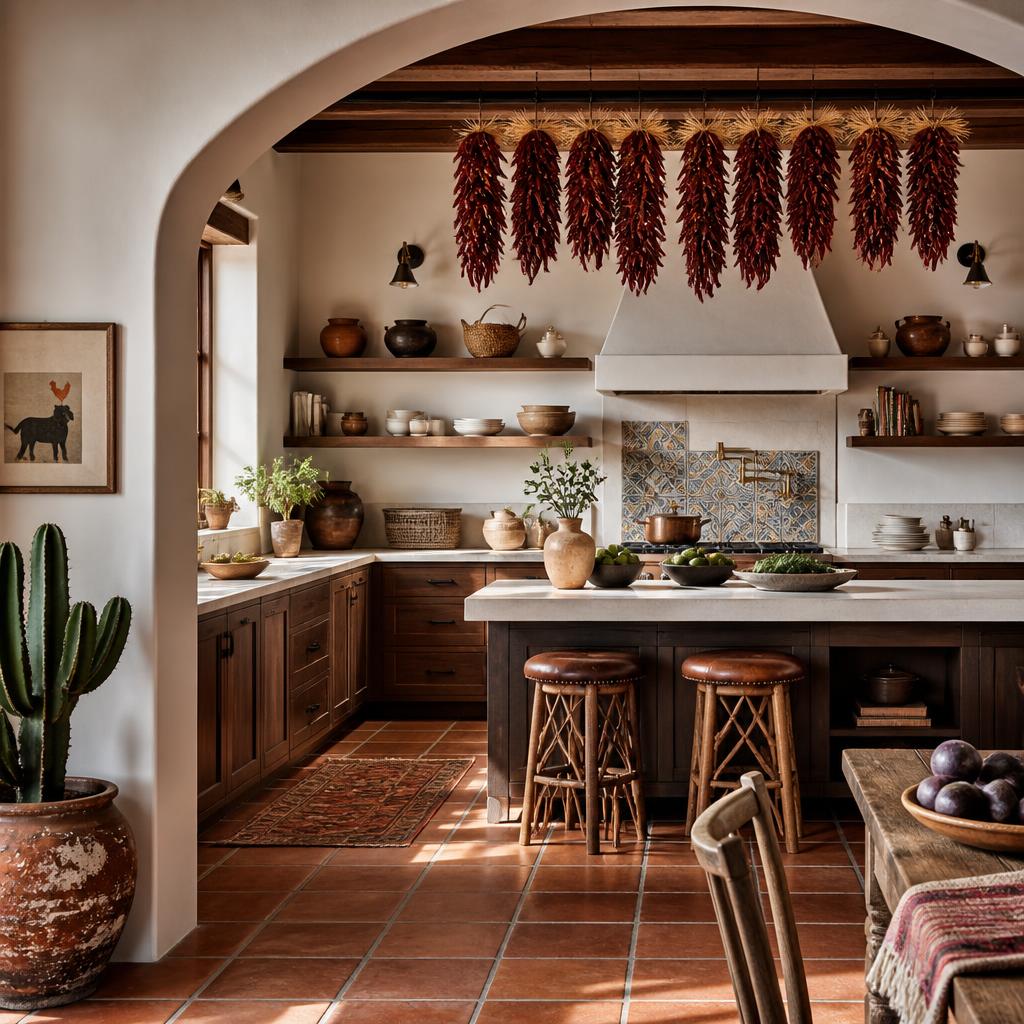 Sunlit kitchen with terracotta tile floor, plastered arch and dried chiles above the island