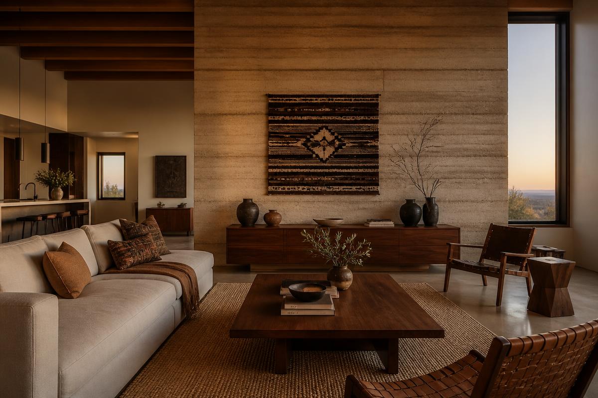Living room with a rammed-earth wall, low walnut furniture and warm evening light